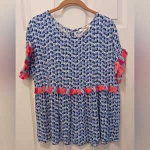 ANDREE Blue/White Top W/ Tassels Sz M
